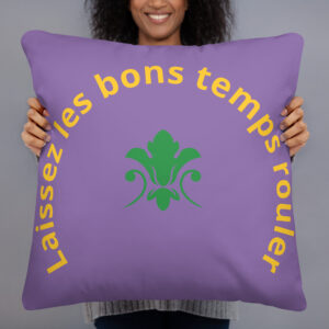 Purple Mardi Gras Throw Pillow – “Laissez Les Bon Temps Rouler” in Yellow with Green Fleur-de-Lis | Carnival Accent Pillow with Insert | Decorative Cushion for Party or Home