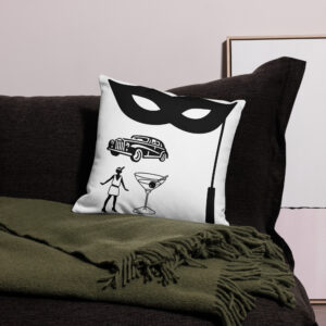 Roaring 1920s Party Pillow – White Premium Throw Pillow with Flapper, Mask, Vintage Car & Cocktail Clip Art – Great Gatsby Decor, Jazz Age Theme Accent Pillow, Art Deco Living Room or Bedroom Cushion