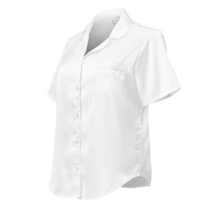 Women’s Movie Night Pajama Top – Short Sleeve Satin Loungewear with Movie Clapper Pocket Print – Silky Relaxed Fit Sleep Shirt for Film Buffs, Hollywood Themed Parties & Cozy Nights In