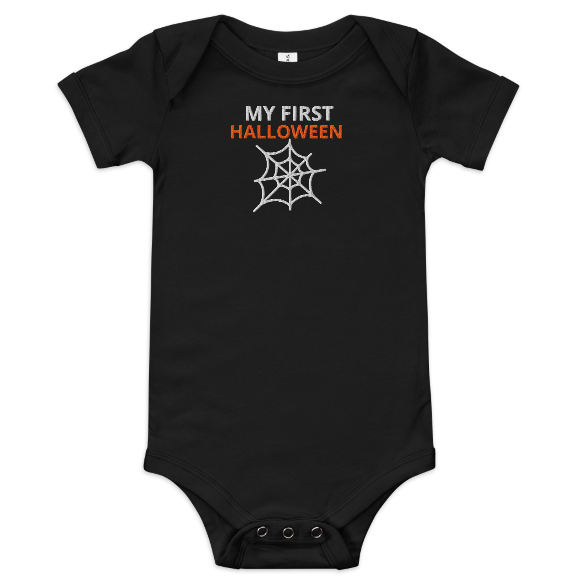 My First Halloween Baby Onesie – Black Short Sleeve Infant Bodysuit with Spider Web Clipart
