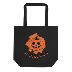 Halloween Pumpkin Eco Tote Bag – Black Organic Cotton Reusable Trick-or-Treat Bag with Orange Pumpkin Design