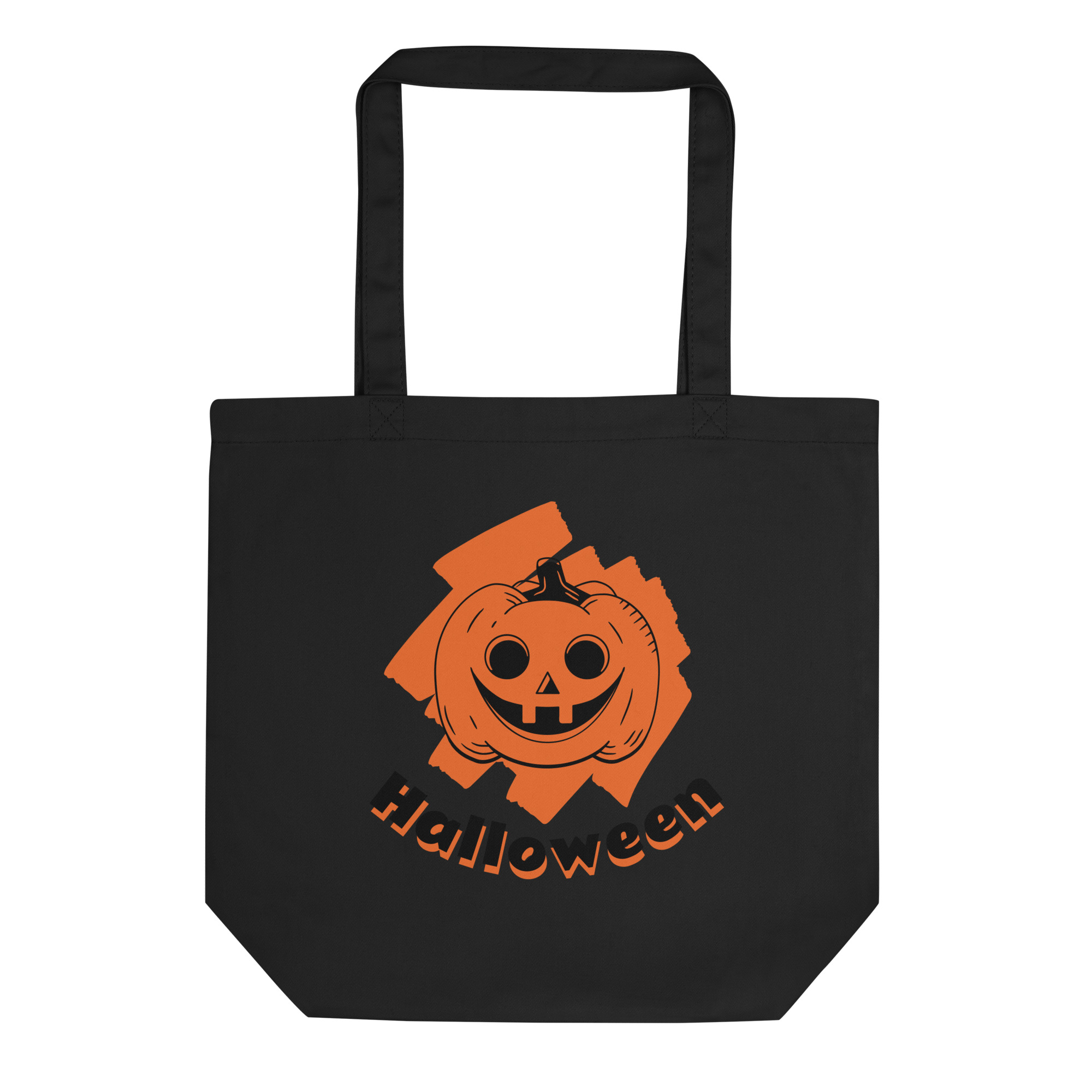 Halloween Pumpkin Eco Tote Bag – Black Organic Cotton Reusable Trick-or-Treat Bag with Orange Pumpkin Design
