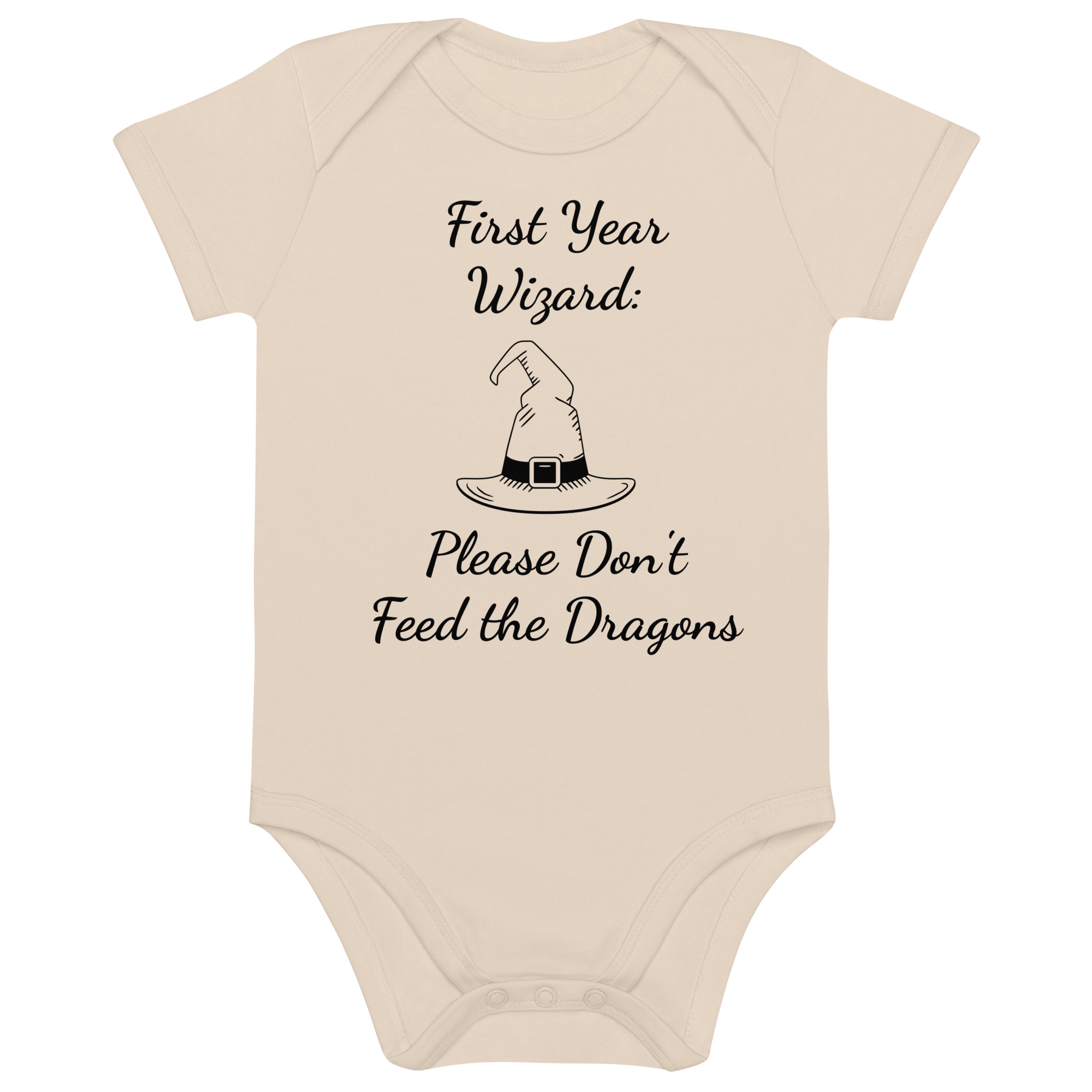 Organic Cotton Baby Onesie – “First Year Wizard: Please Don’t Feed the Dragons” with Witch Hat Clip – White, Tan & Black Infant Bodysuit | Soft, Sustainable, Stretchy Baby Bodysuit