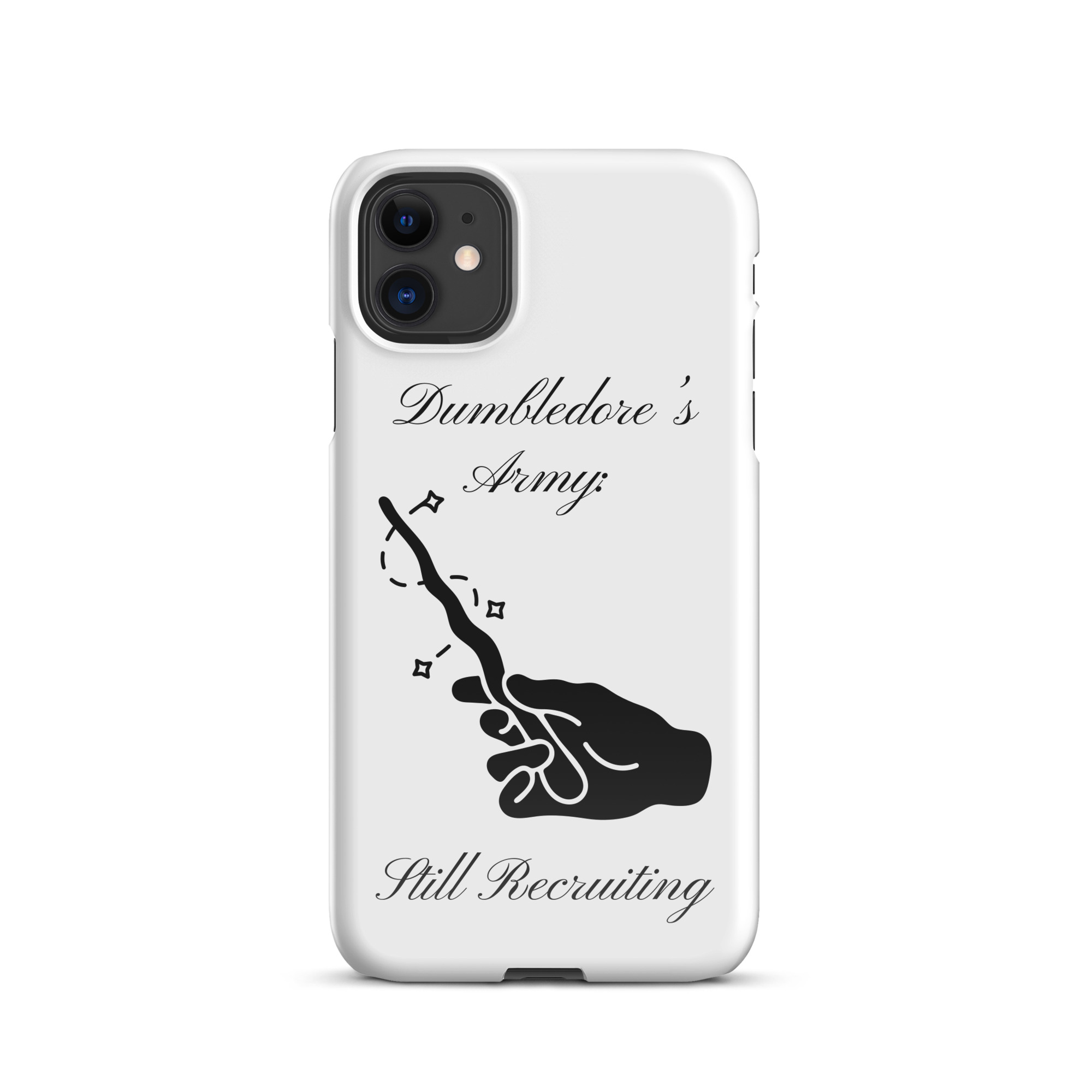 White iPhone Snap Case – “Dumbledore’s Army Still Recruiting” with Wand Hand Clipart | Lightweight Polycarbonate Phone Cover | Magical Harry Potter Protective Case