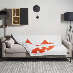 Large White Halloween Throw Blanket with Bold Orange Pumpkin Clipart – Cozy Soft Silk Touch Blanket for Fall and Spooky Season Decor