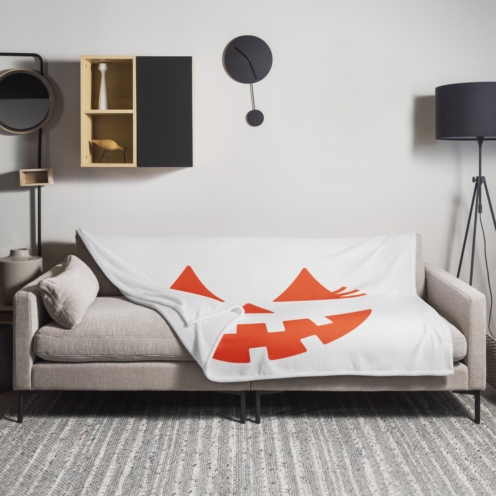 Large White Halloween Throw Blanket with Bold Orange Pumpkin Clipart – Cozy Soft Silk Touch Blanket for Fall and Spooky Season Decor