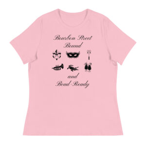 Women’s Mardi Gras T-Shirt – “Bourbon Street Bound and Bead Ready” in Pink or White with Fleur-de-Lis, Mask, Gator, Cocktails & More | Relaxed Fit Carnival Tee