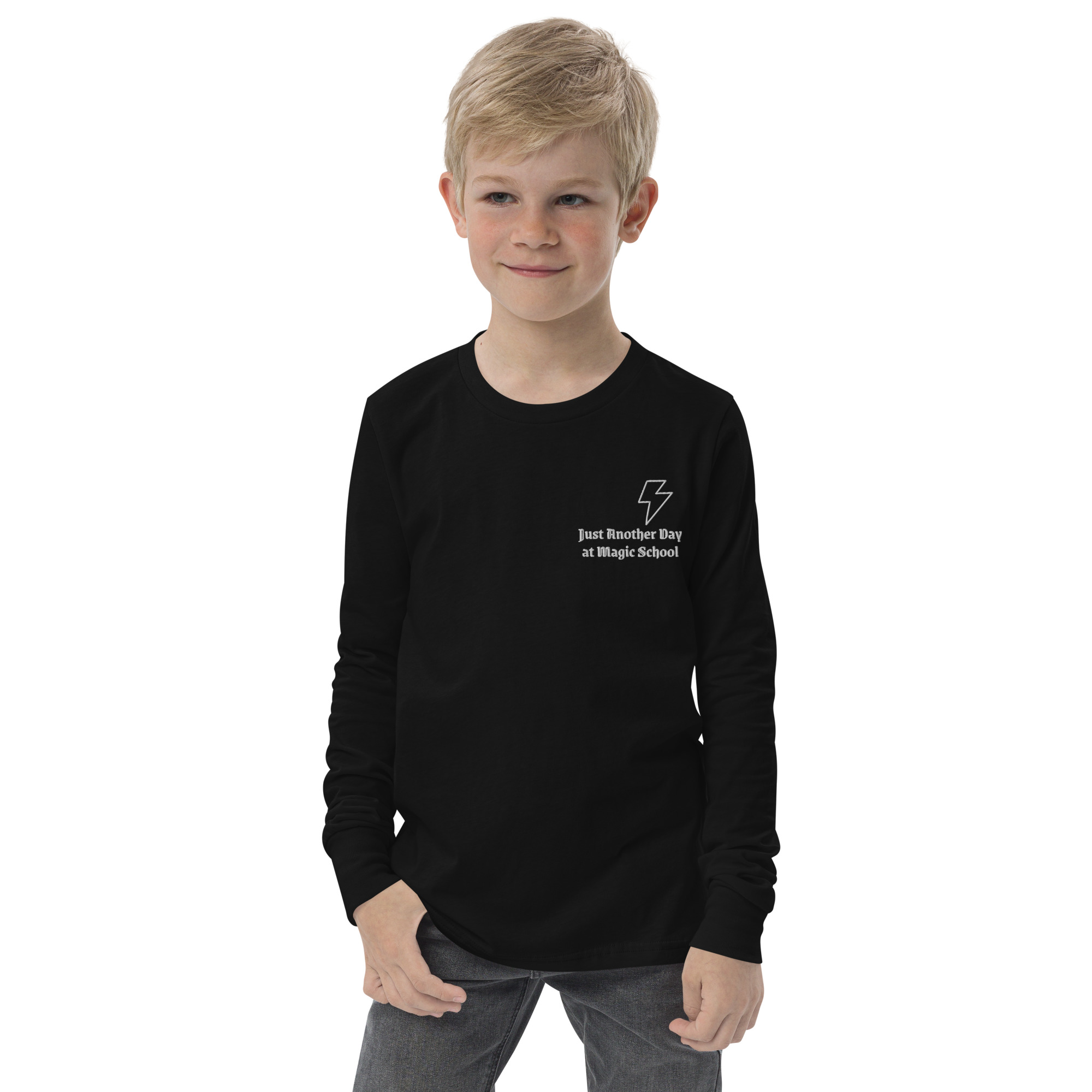 Just Another Day at Magic School Youth Long Sleeve Shirt – Large Black Kids Tee with Lightning Bolt Clipart for Magical Themed Parties and Everyday Wear