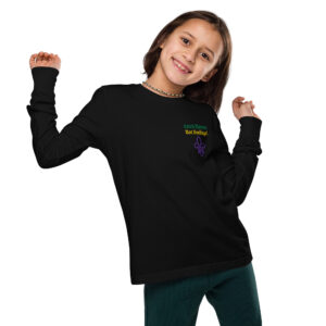 Kids Mardi Gras Long Sleeve Shirt – “Catch Throws Not Feelings” Embroidered Phrase with Fleur-de-Lis | Black or White Youth Tee | Carnival Parade Shirt