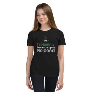 Black Youth T-Shirt – “I Solemnly Swear That I Am Up To No Good” with Witch/Wizard Hat Clipart | Soft Cotton Kids Tee | Magical Children’s Shirt