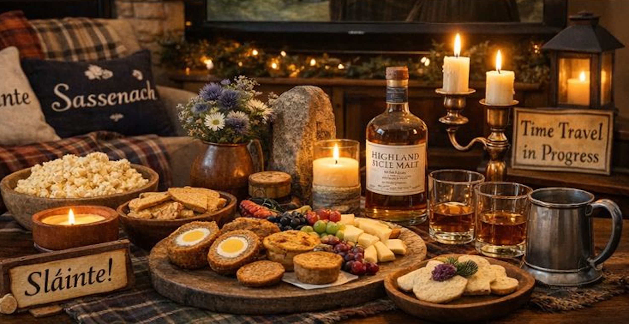 Outlander themed watch party setup with cozy Scottish-inspired decor, themed food and drinks, and a relaxed viewing atmosphere for fans.